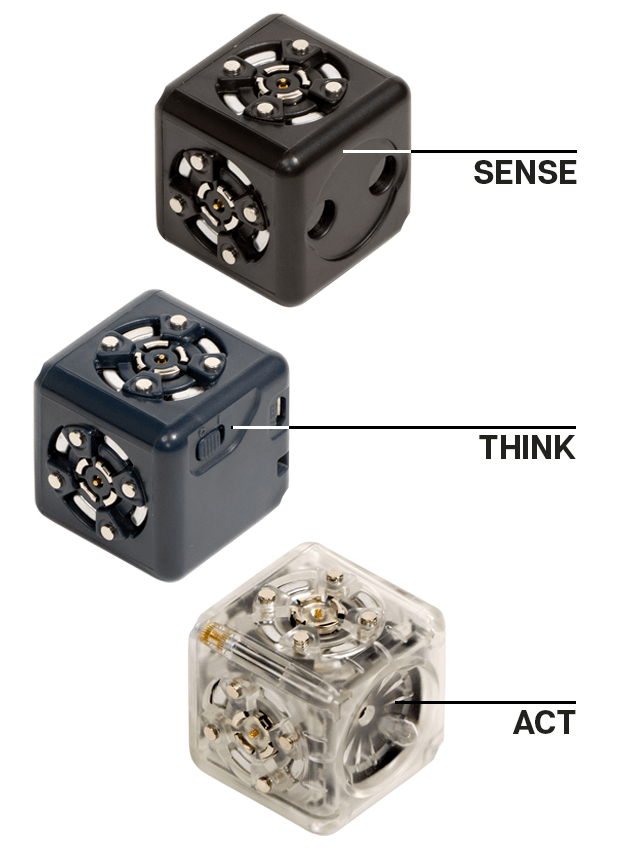 There are three kinds of Cubelets - Sense Cubelets are black. Think Cubelets are a variety of colors - and Act Cubelets are transperant.