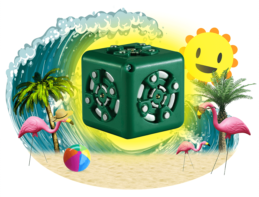 Blocker Cubelet sale - lawn flamingos on the beach with palm trees.